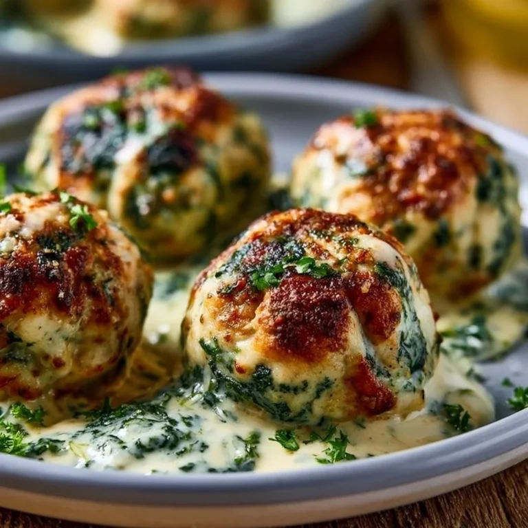 Baked chicken ricotta meatballs topped with spinach Alfredo sauce