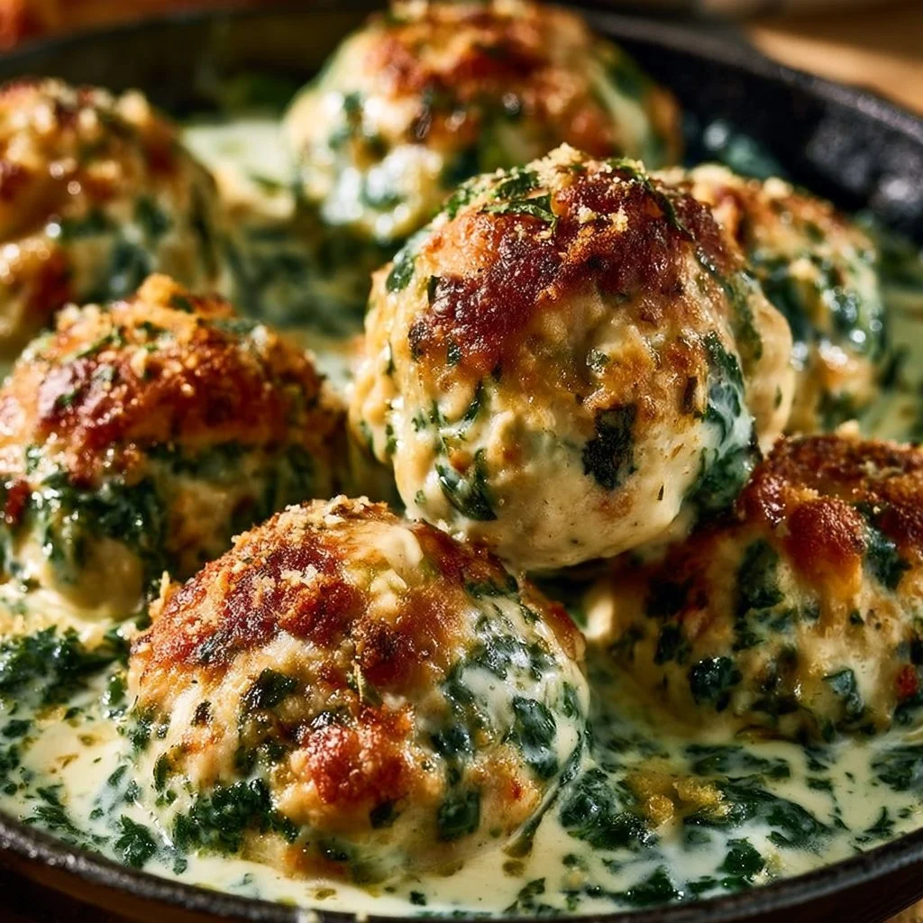 Baked Chicken Ricotta Meatballs with Spinach Alfredo Sauce