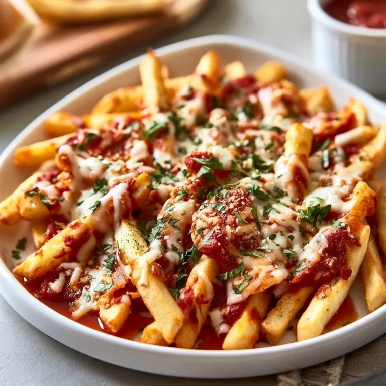 Plate of baked pizza fries topped with cheese and toppings.