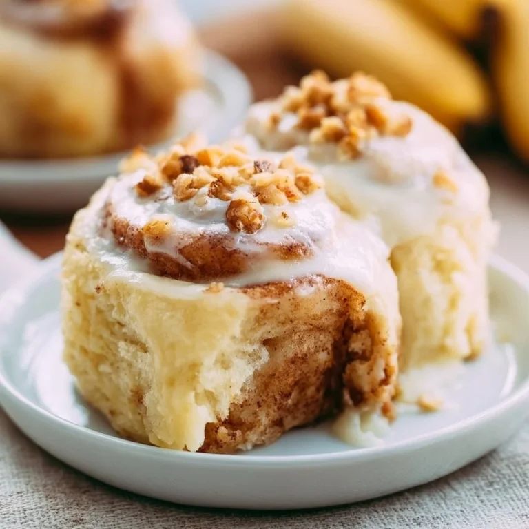 Freshly baked banana cinnamon rolls topped with creamy glaze