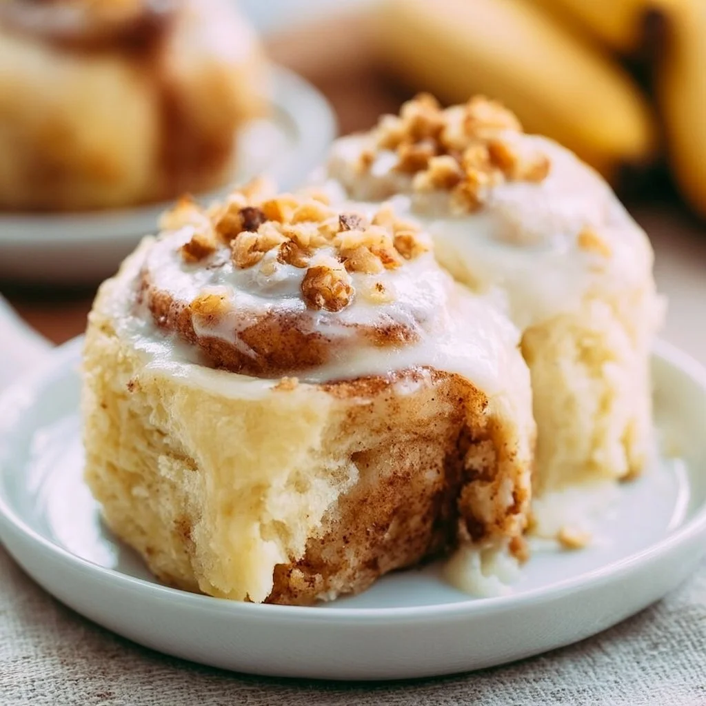 Freshly baked banana cinnamon rolls topped with creamy glaze