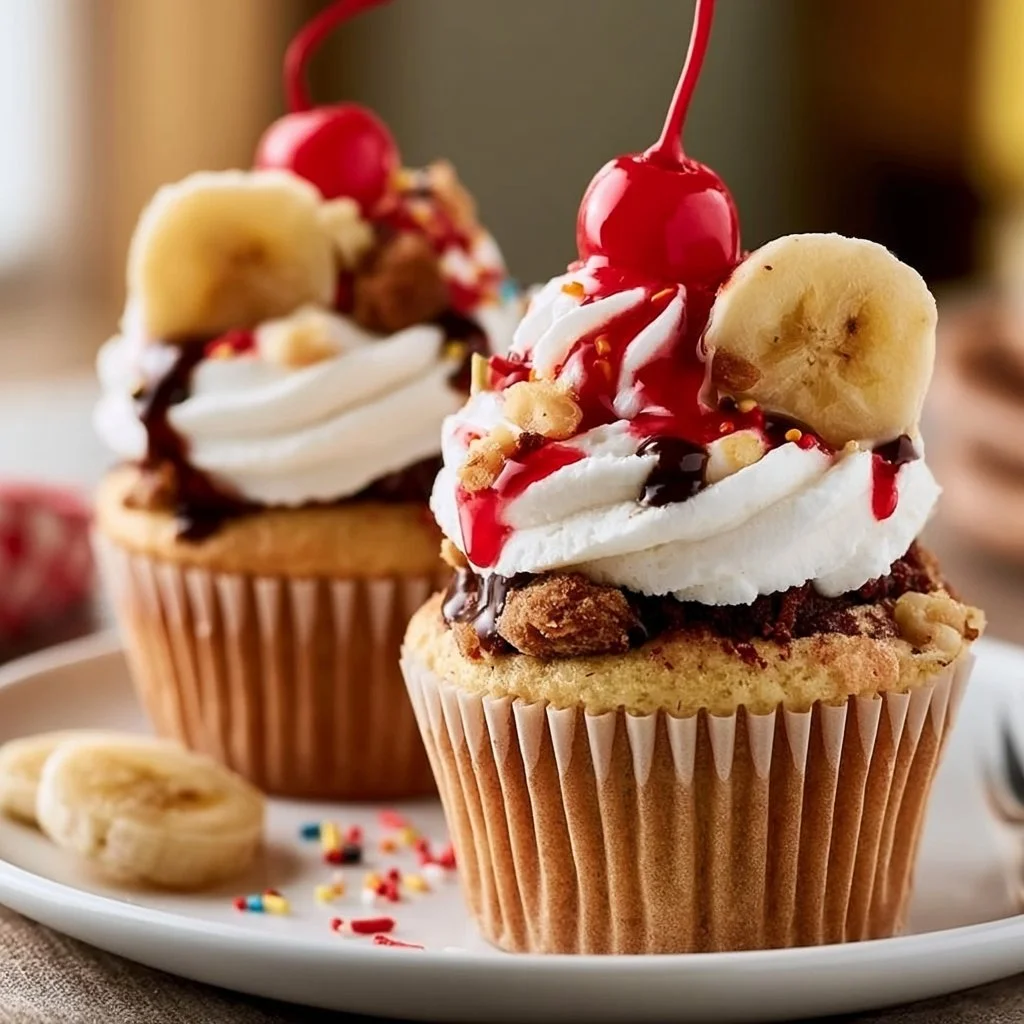 Delicious Banana Split Cupcakes topped with whipped cream and cherries