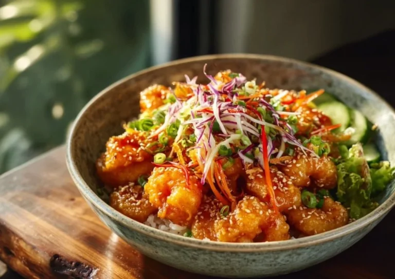 Delicious Bang Bang Shrimp Bowl with crispy shrimp and spicy sauce.