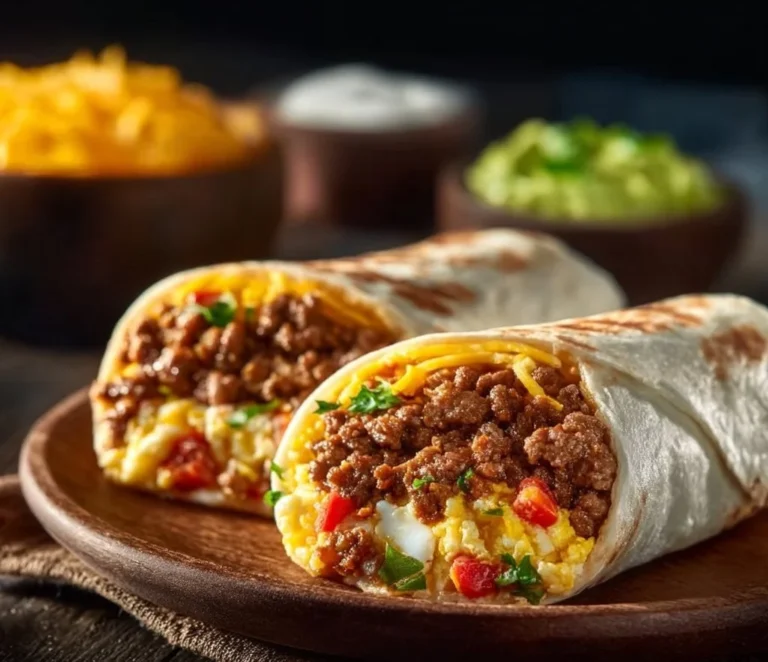 Delicious Beef Breakfast Burrito filled with eggs, cheese, and savory ground beef.