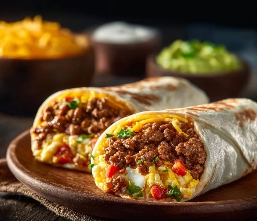 Delicious Beef Breakfast Burrito filled with eggs, cheese, and savory ground beef.