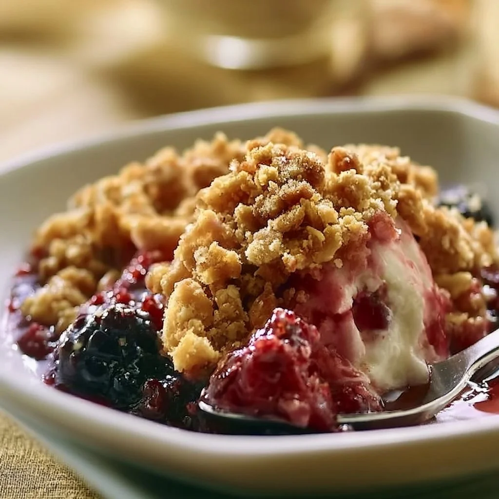 Freshly baked berry crisp with mixed berries and crumb topping