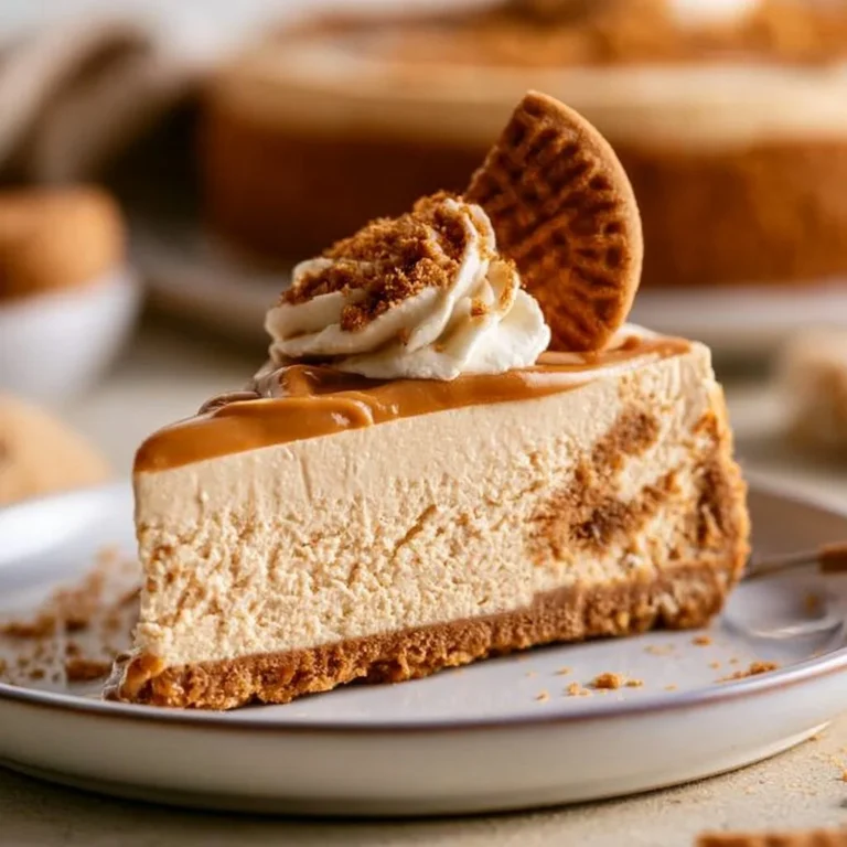 Delicious no-bake Biscoff cheesecake with a golden crust and creamy filling