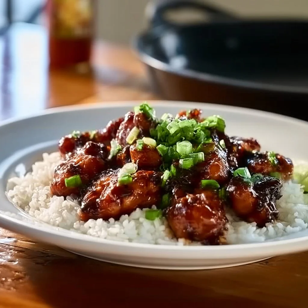 Delicious Blackstone Bourbon Chicken served with rice and vegetables