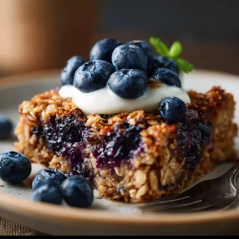 Blueberry baked oatmeal with Greek yogurt served in a bowl