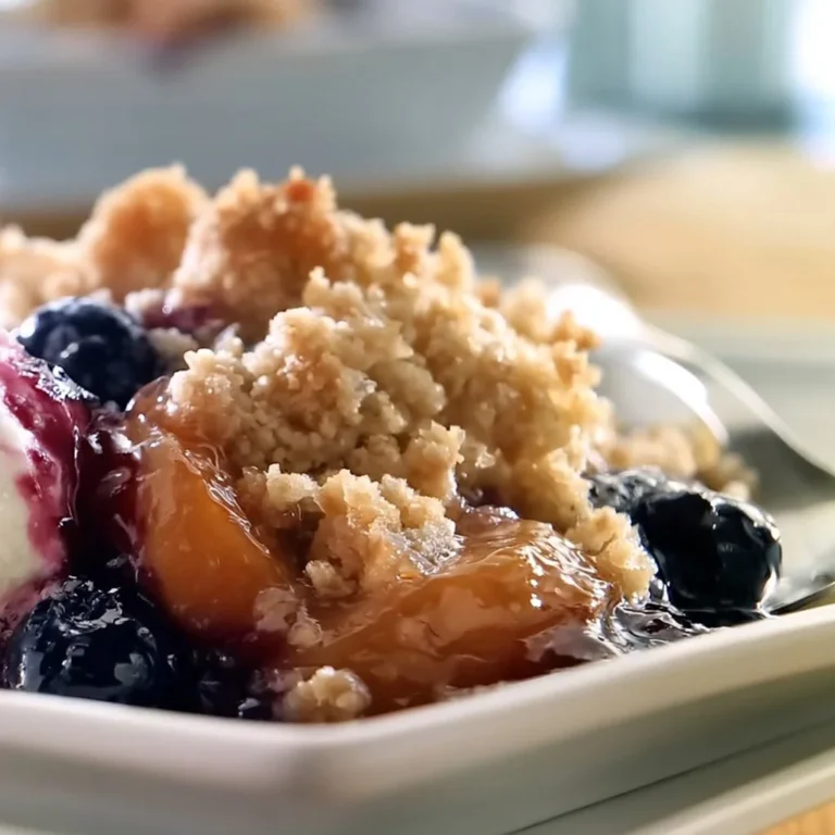 Delicious blueberry peach crumble dessert with a golden crumble topping