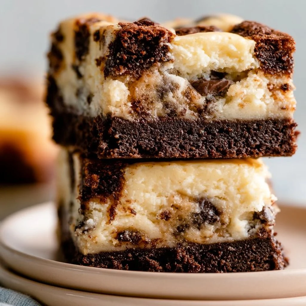 Brownie Bottom Cookie Dough Cheesecake Bars sliced on a plate