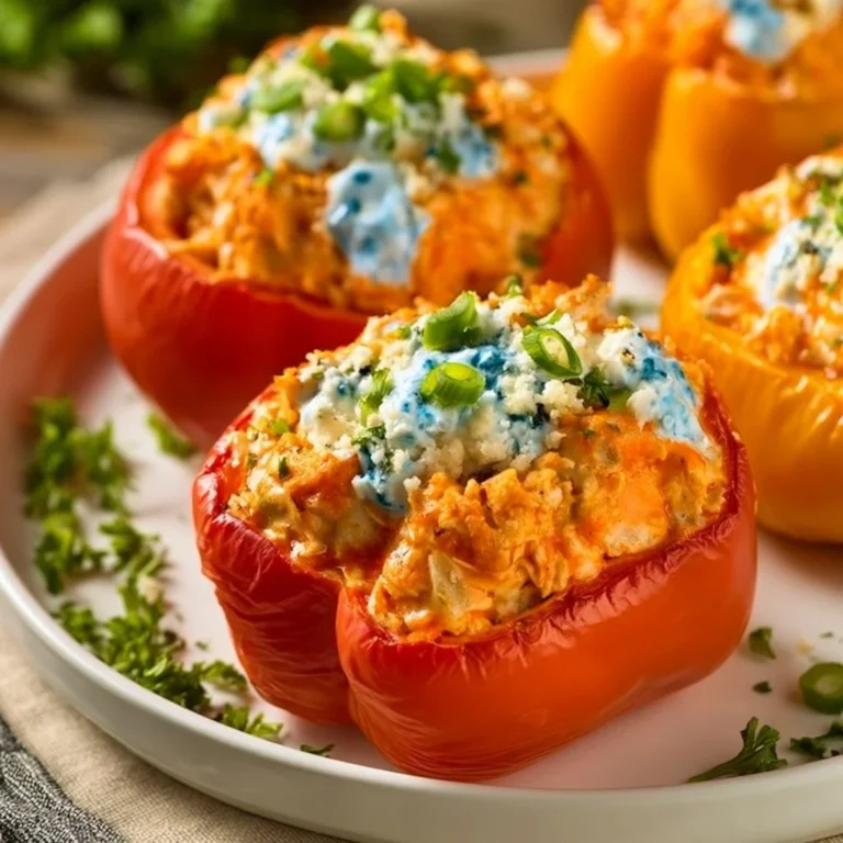 Buffalo Chicken Stuffed Peppers on a plate garnished with herbs