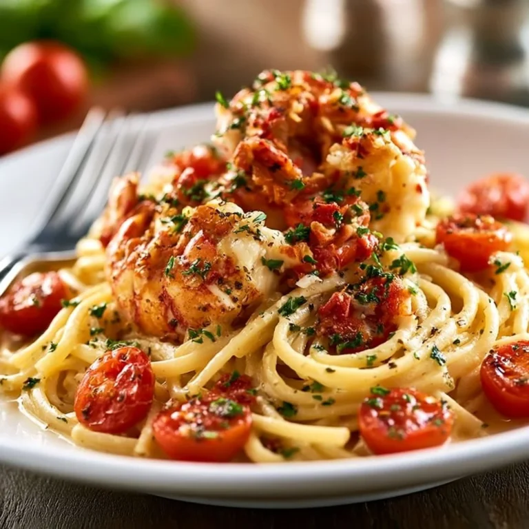 Buttered lobster pasta with cherry tomatoes in a gourmet dish.
