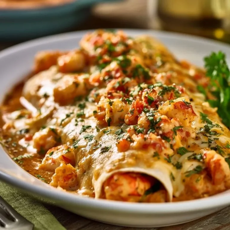 Plate of Cajun Crawfish Enchiladas topped with sauce and cilantro
