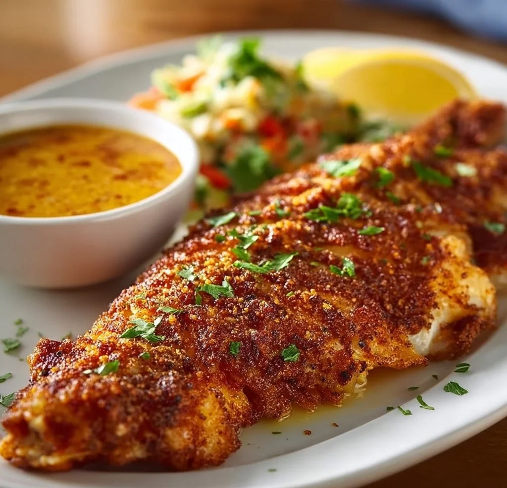 Cajun Fried Snapper served with spicy dipping sauce in a vibrant presentation