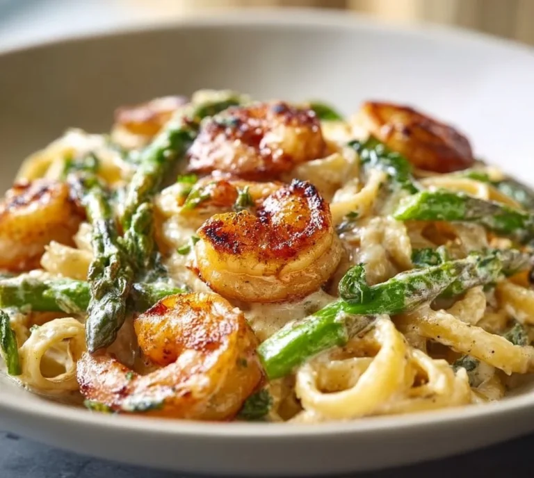Creamy Cajun shrimp pasta with asparagus in a bowl, garnished with herbs.