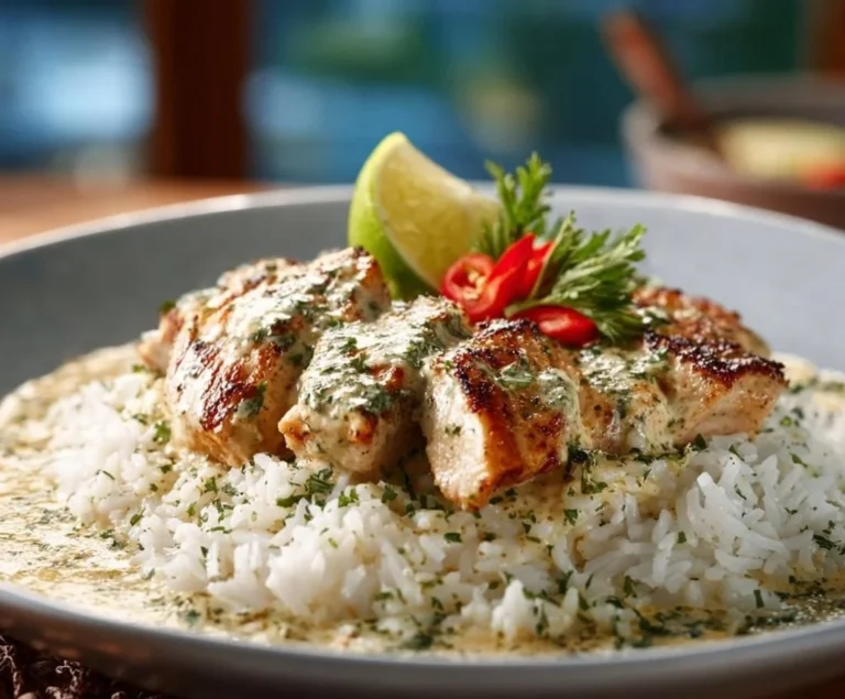 Delicious Caribbean Creamy Lime Chicken served with rice.