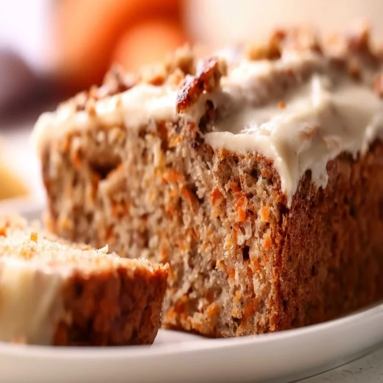 Moist carrot cake banana bread loaf with cream cheese frosting and walnuts.