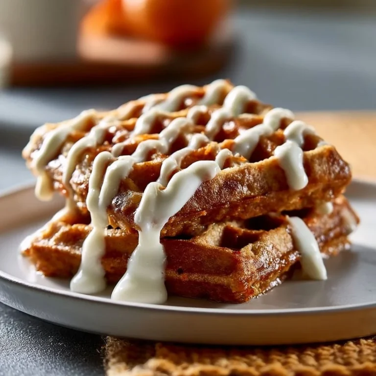 Carrot cake waffles drizzled with cream cheese frosting on a plate