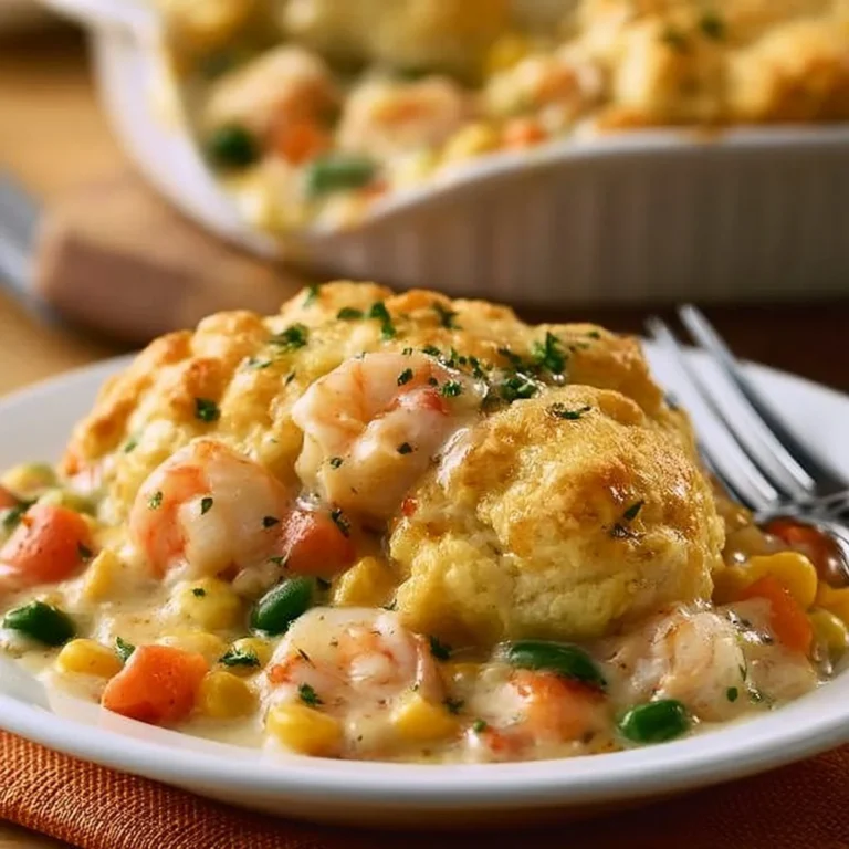 Cheddar Bay Biscuit Seafood Pot Pie with flaky crust and seafood filling