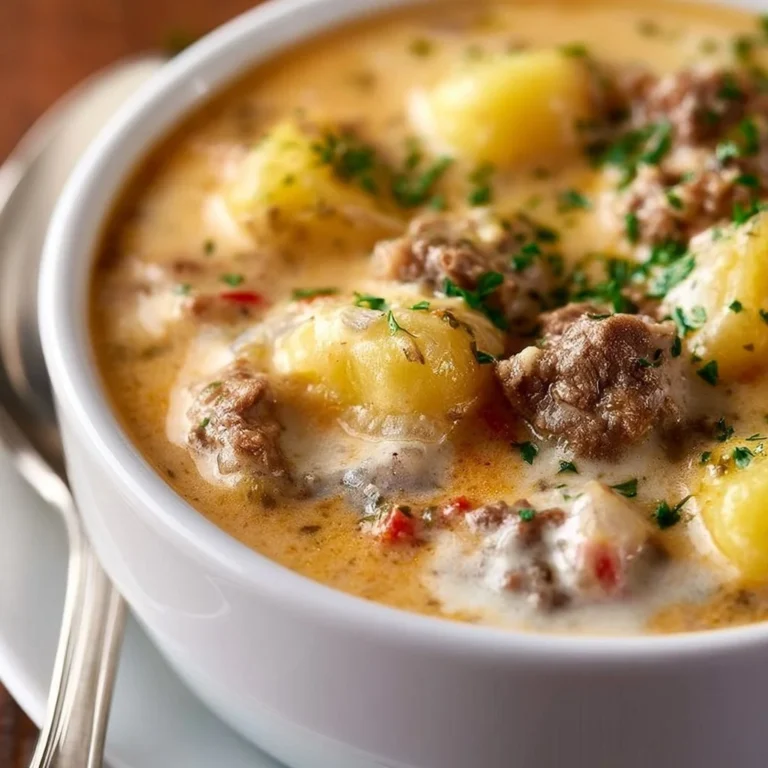 Bowl of cheesy beef and potato soup garnished with herbs.