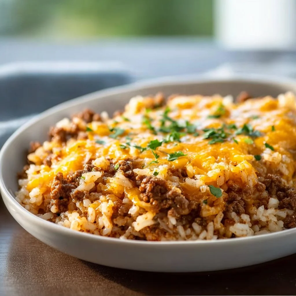 Cheesy ground beef and rice casserole baked to perfection