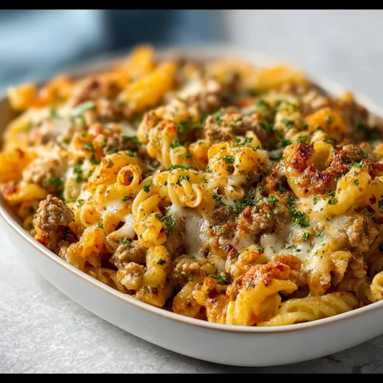Cheesy Ground Turkey Pasta Casserole baked and served in a dish.