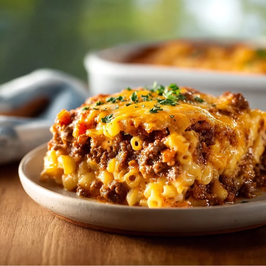 Delicious cheesy hamburger casserole topped with melted cheese and hearty ingredients