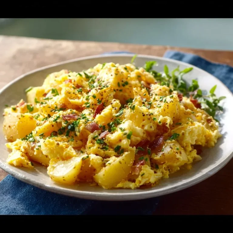 Cheesy potato egg scramble served in a skillet