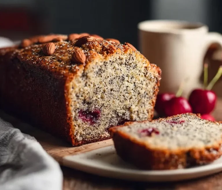 Sliced cherry almond poppy seed quick bread on a wooden table