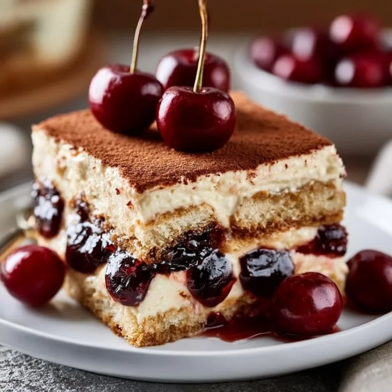 Cherry Amaretto Tiramisu dessert layered with cherries and amaretto cream