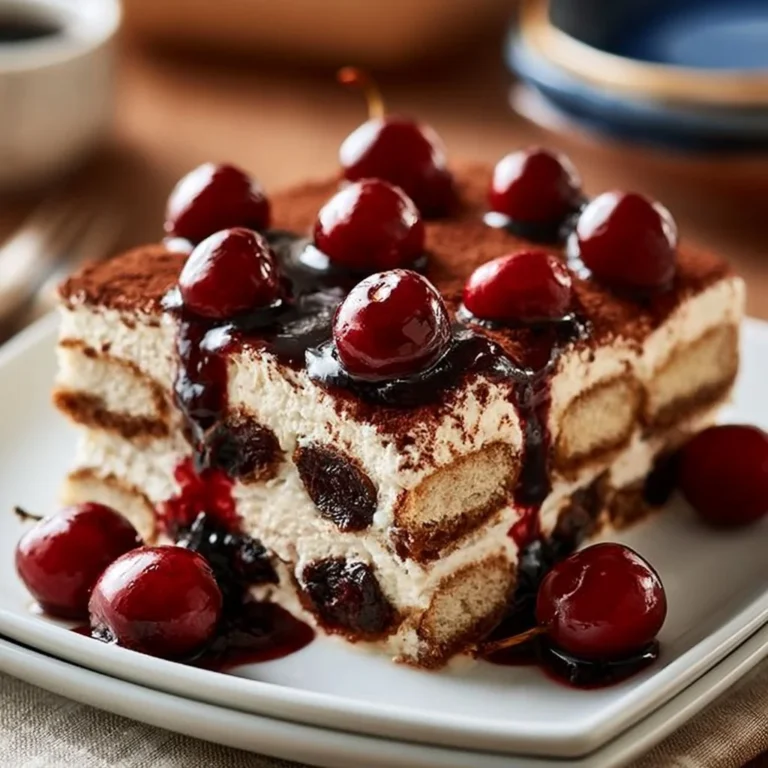Delicious Cherry Amaretto Tiramisu dessert with layers of cherries and creamy mascarpone.
