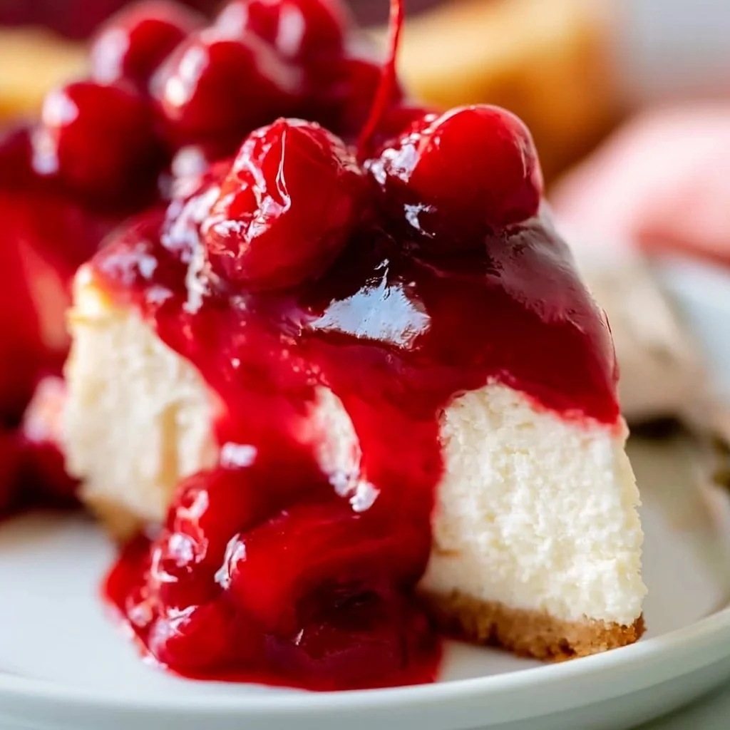 Delicious homemade cherry cheesecake with a cherry topping for dessert