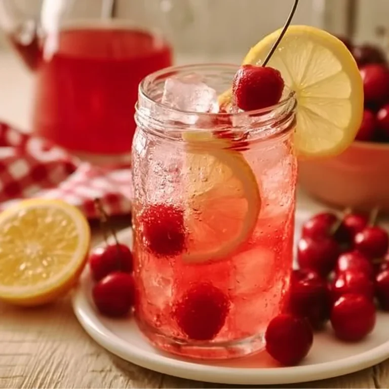 Glass of refreshing Cherry Lemonade with cherries and lemons on the side