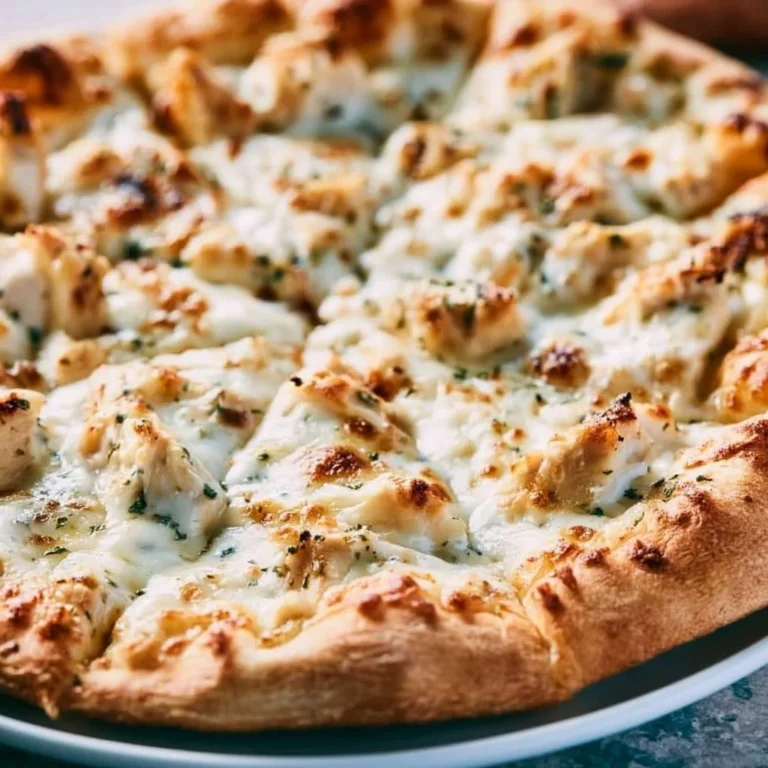 Delicious Chicken Alfredo Pizza with creamy sauce and toppings