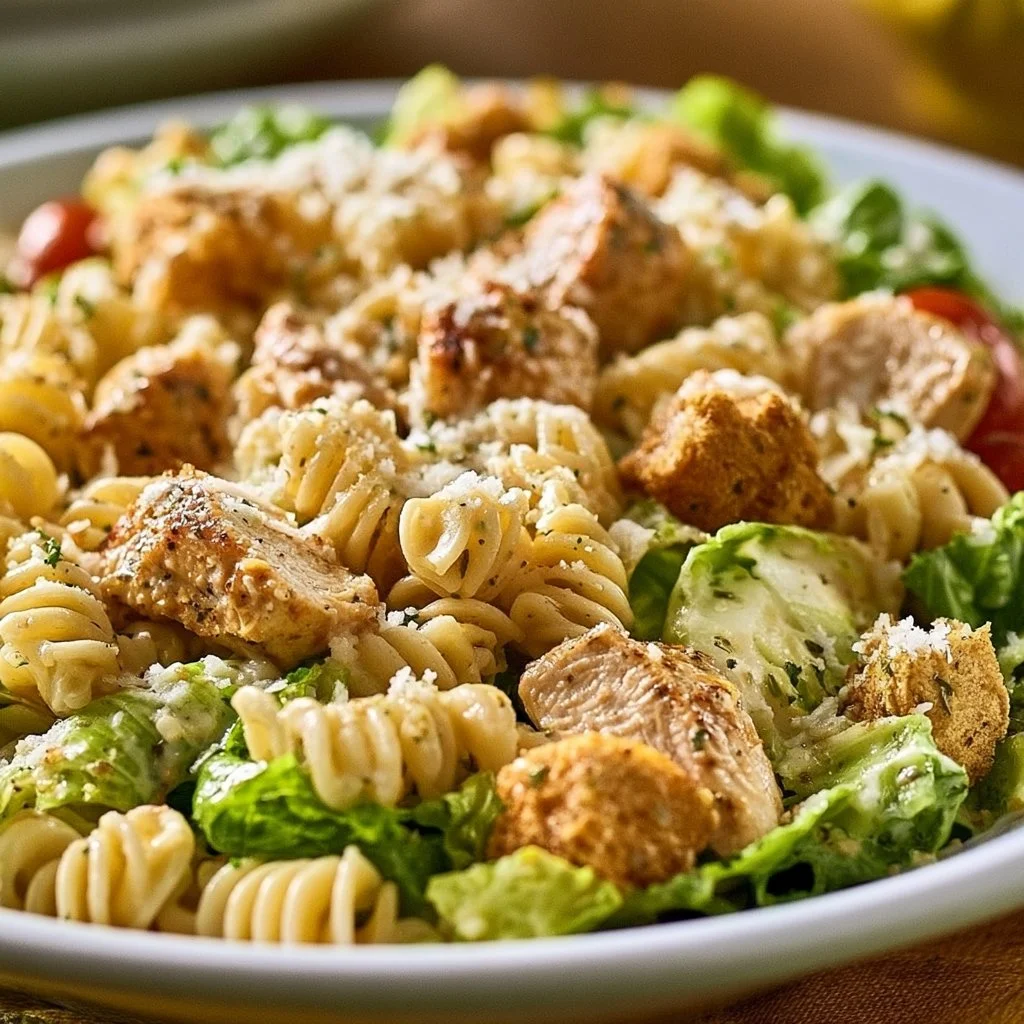 Delicious Chicken Caesar Pasta Salad with grilled chicken, romaine, and Caesar dressing