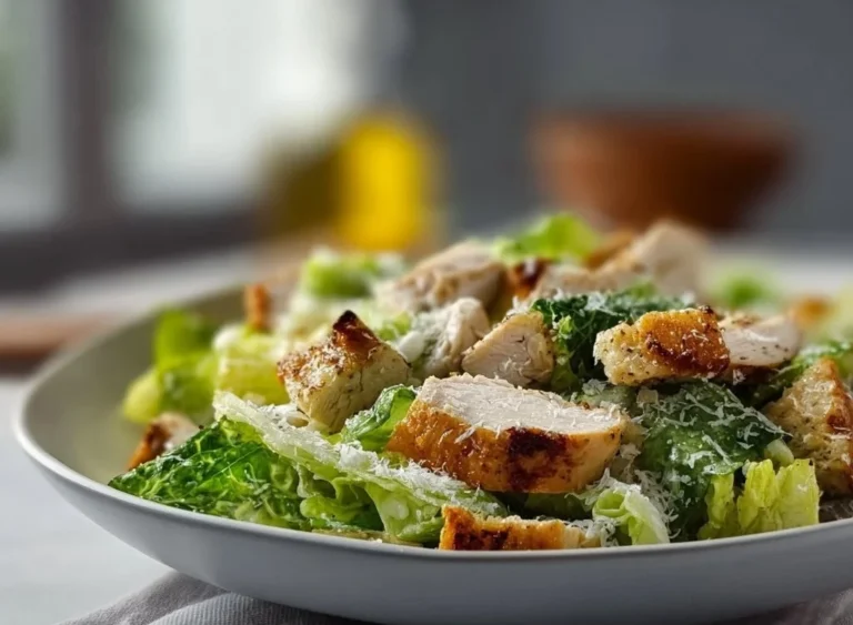 Delicious Chicken Caesar Salad with grilled chicken, romaine lettuce, and Caesar dressing