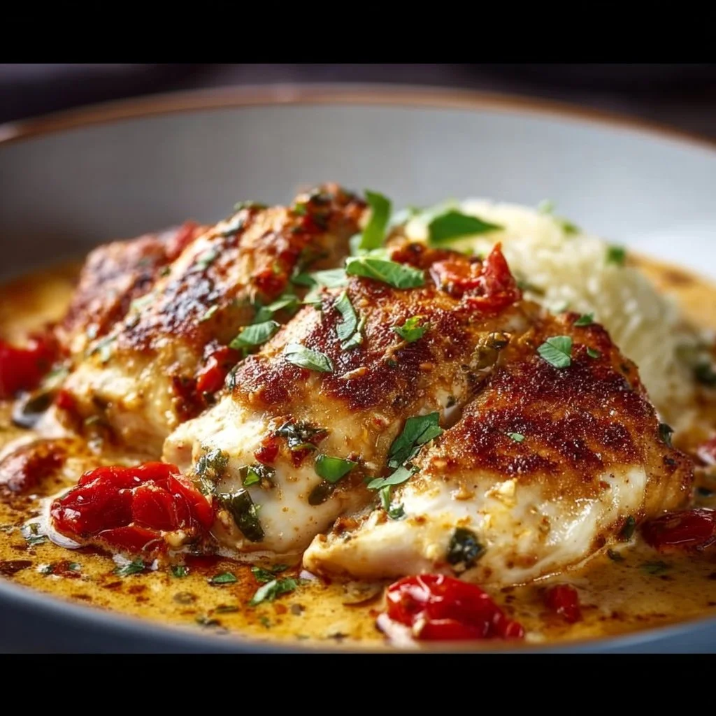 Plate of Chicken Sorrentino with eggplant and cheese, garnished and ready to serve.