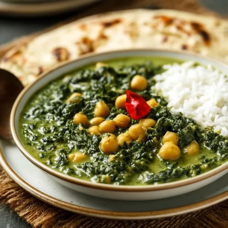 Bowl of chickpea spinach curry with fresh herbs and spices