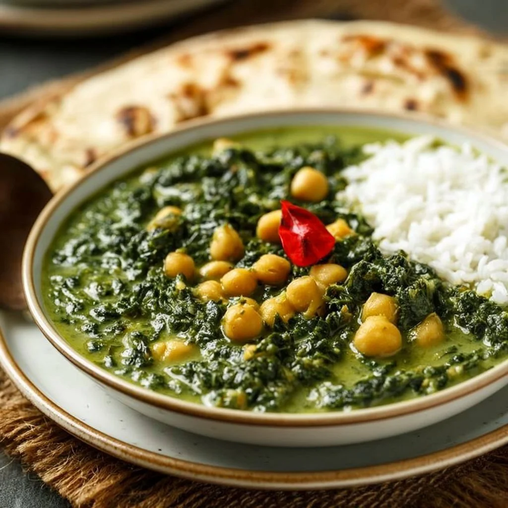 Bowl of chickpea spinach curry with fresh herbs and spices