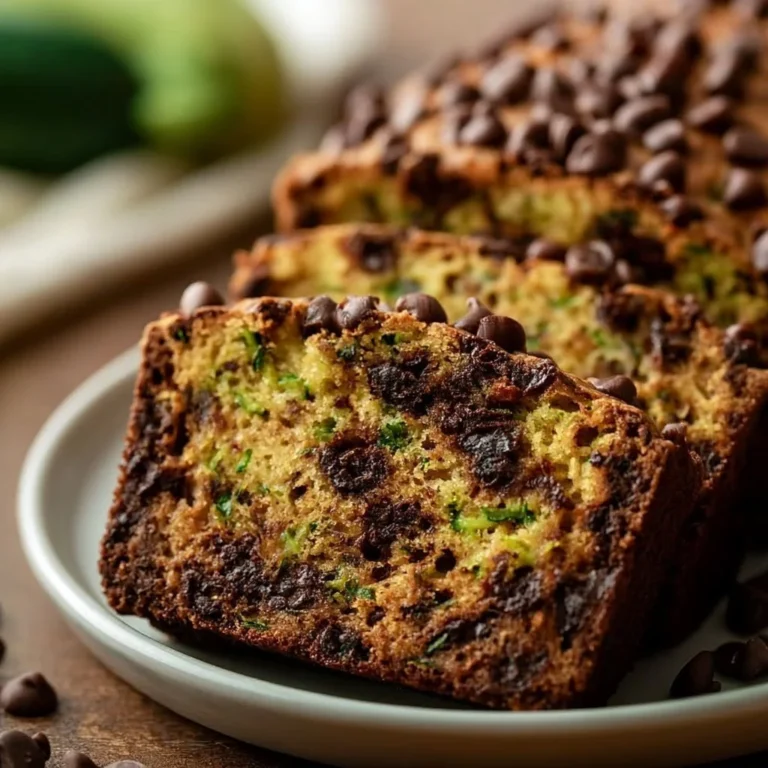 Delicious chocolate chip zucchini bread sliced and served on a plate.