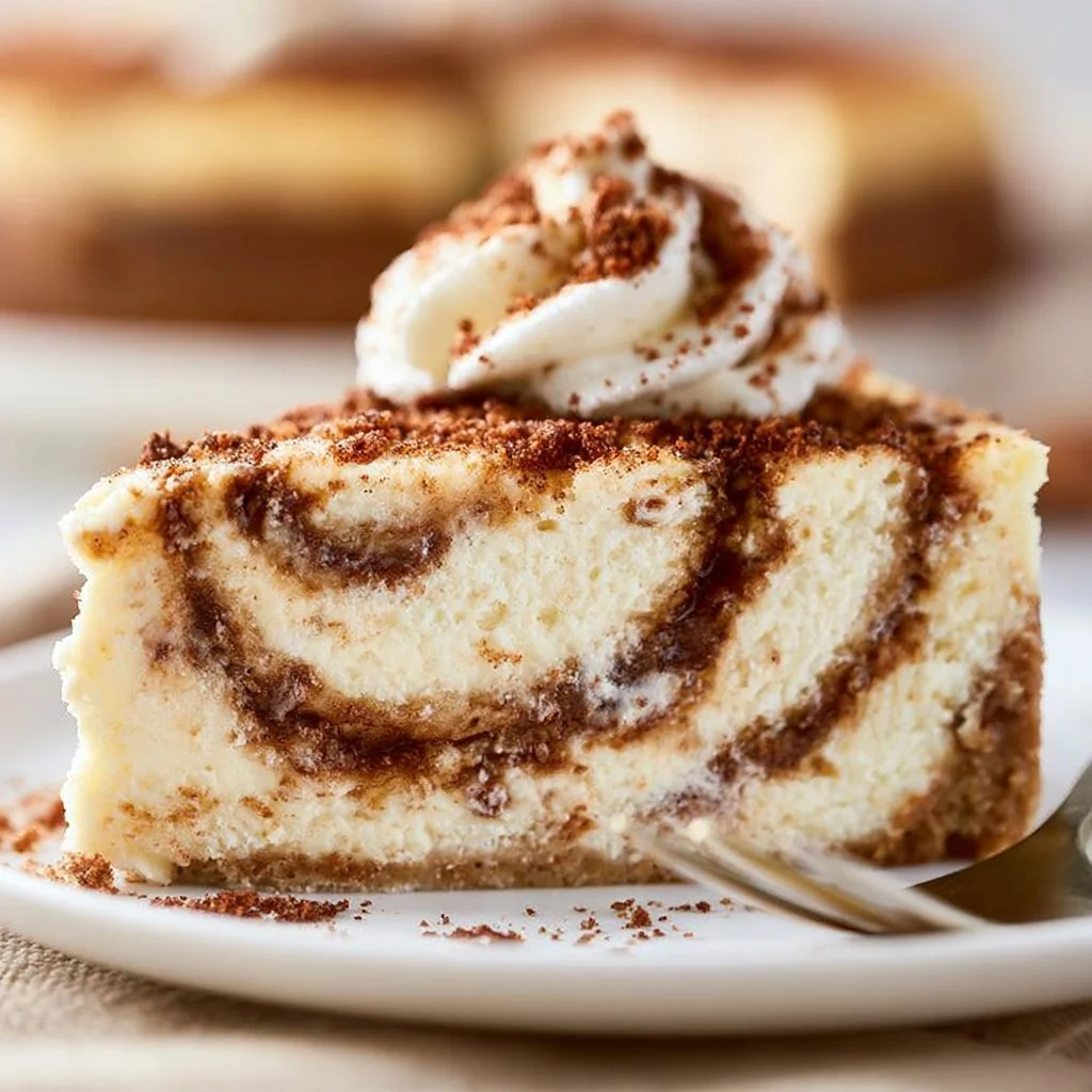 Delicious cinnamon roll cheesecake topped with swirls of cinnamon and cream cheese frosting.