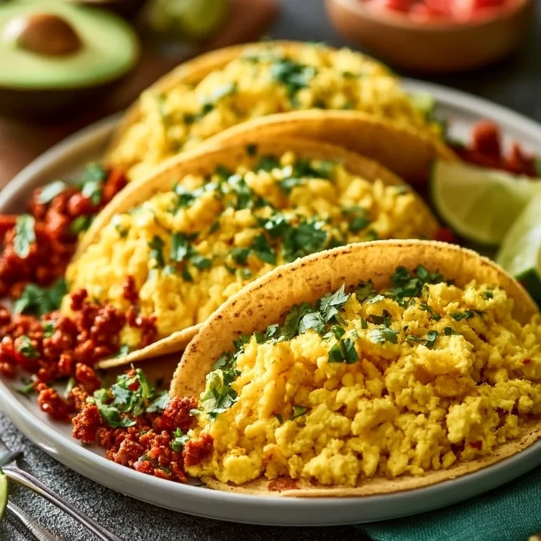 Corn tortilla breakfast tacos filled with eggs, cheese, and fresh toppings