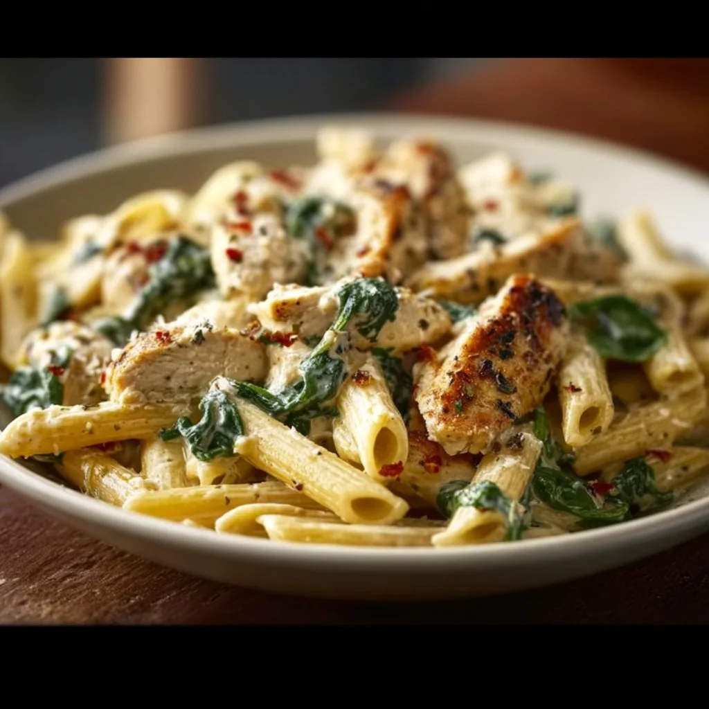 Delicious cozy chicken spinach penne dish with creamy sauce and fresh ingredients.