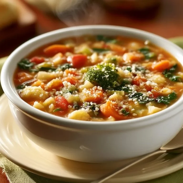 Warm bowl of Olive Garden vegetable soup filled with fresh vegetables and herbs