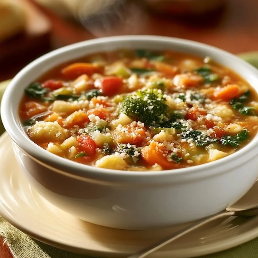 Warm bowl of Olive Garden vegetable soup filled with fresh vegetables and herbs