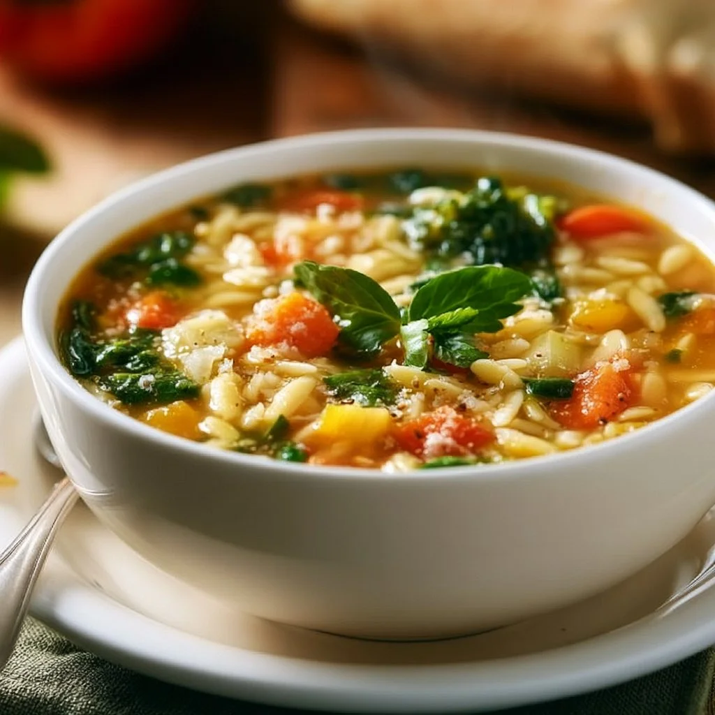 Bowl of cozy vegetable orzo soup with fresh vegetables