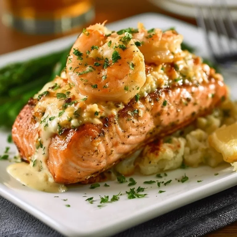 Crab and shrimp stuffed salmon ready to be served on a plate