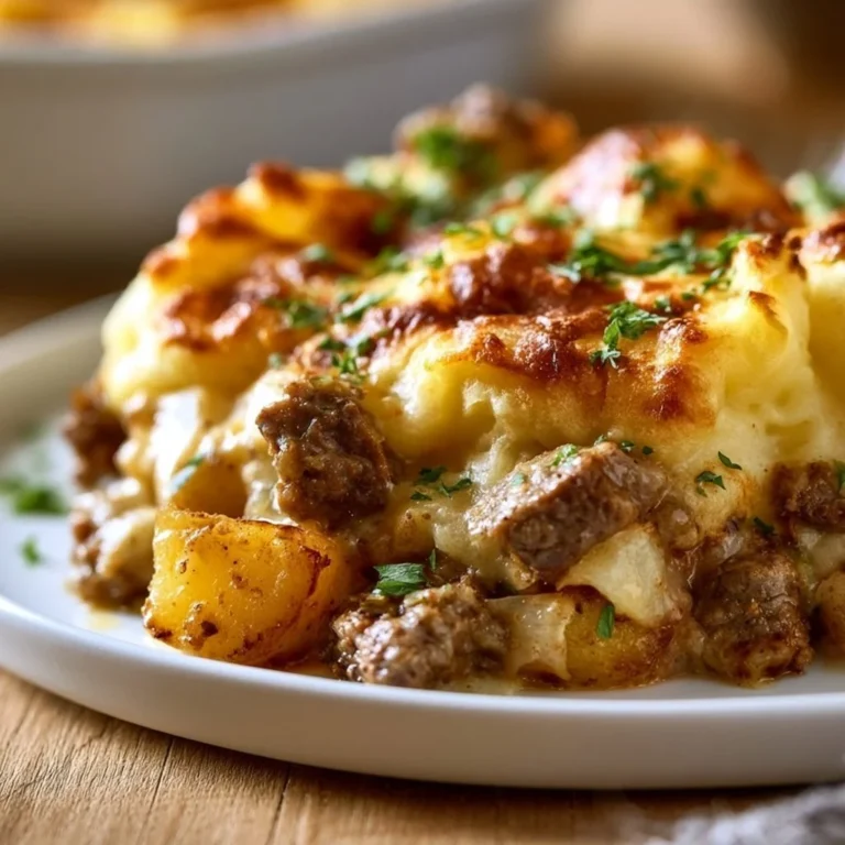 Creamy beef and potato casserole served in a dish