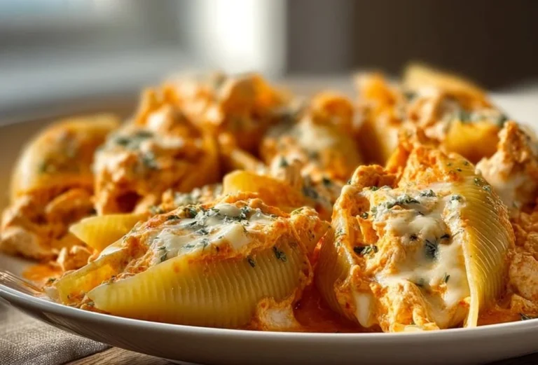 Creamy buffalo chicken stuffed shells topped with cheese and herbs
